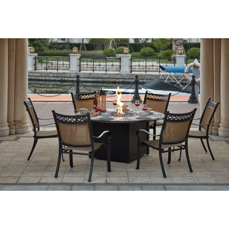 Lark Manor Lauri 7Piece Patio Propane Fire Pit Dining Set with 60